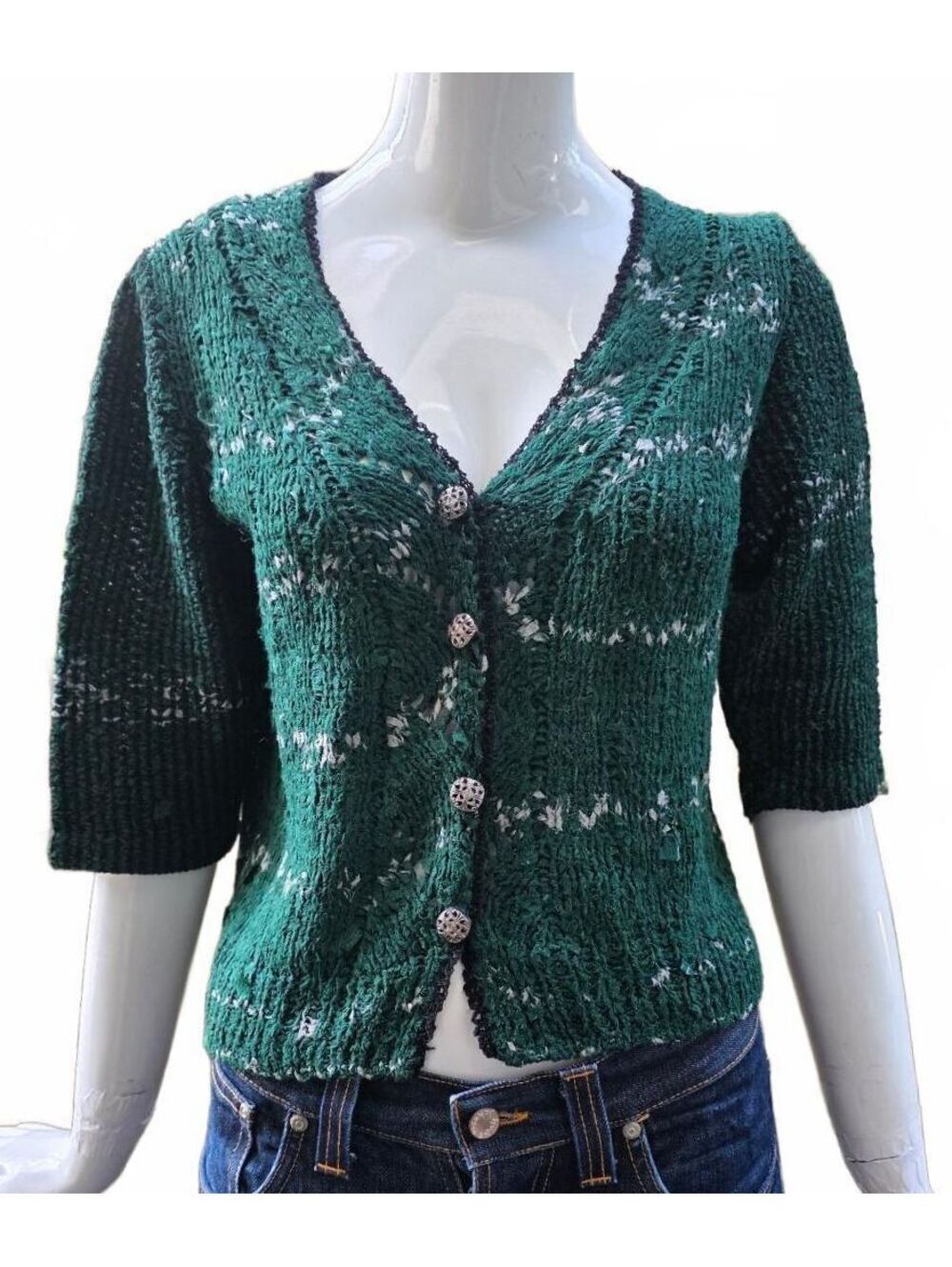 Cottagecore Hand Knit Cardigan Boho Contrast Crochet Trim Filigree Buttons Med